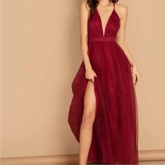 The Vintage Shop- Maroon Tulle Maxi Dress- Size Small - Picture 2 of 4